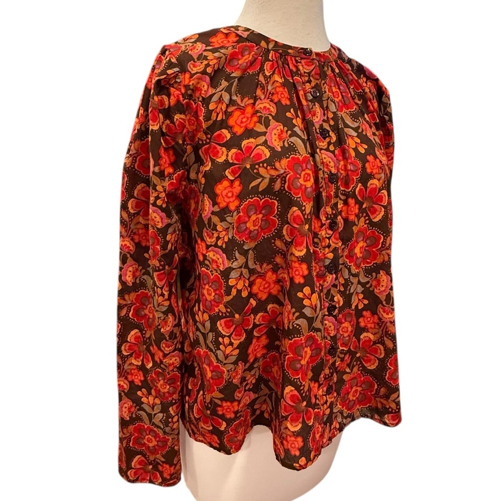 Sundry Anthropologie Floral Button Down Puff Sleeve Blouse Brown Red Size 1 (S) - Picture 6 of 11